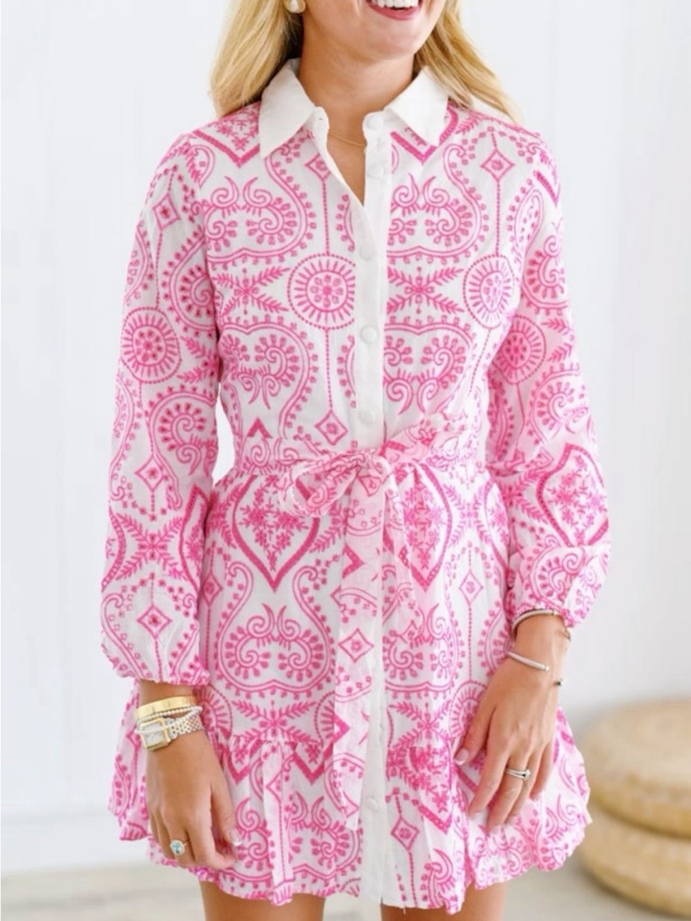 Pink Printed Long Sleeve Shirt Dress